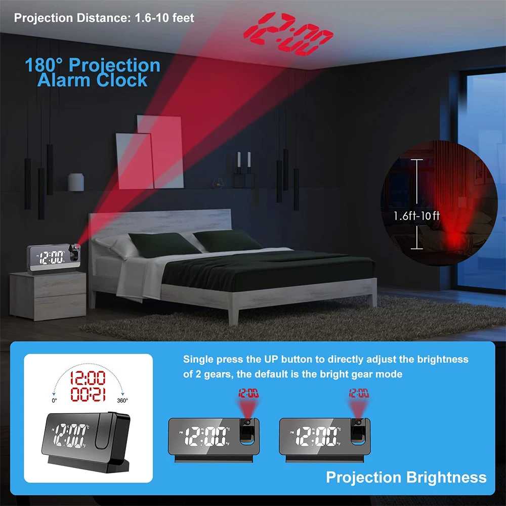 180° Rotation LED Digital Projection Alarm Clock USB Electronic Ceiling Projector Alarm Clock for Bedroom Bedside Desktop Clock 3